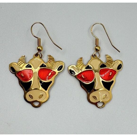 Vintage Edgar Berebi Gold Tone Enamel Cow Sunglasses Dangle Pierced Earrings - Picture 4 of 6